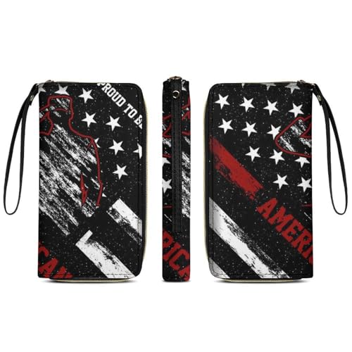 Women's High Capacity Travel Wallet Water-resistant Vintage Retro Veteran Proud Red Line American Flag Black Leather Wallets with ID Pockets and Multiple Card Slots3
