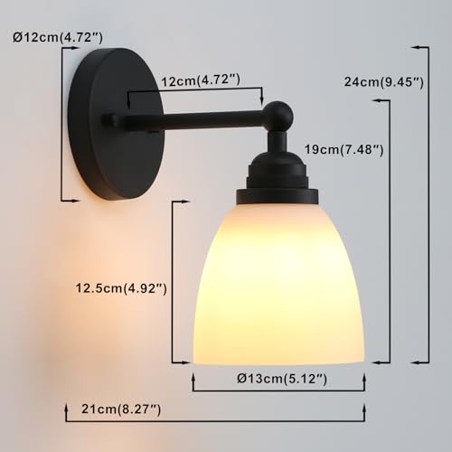 Image of Yosoan Indoor Milk Shade Reading Wall Sconce, 1-Light Modern Brass Vintage Industrial Single Lights Hardwired with White Oval Cone Glass Shade Small Lamp for Bathroom Bedside Hallway Vanity(Black)