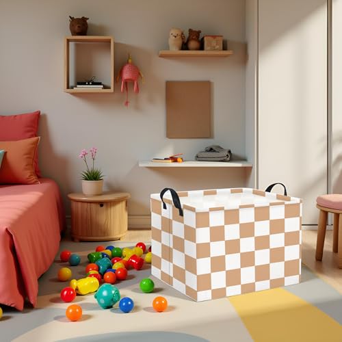 Image of Rectangular Baby Girl Basket Fabric Storage Basket Storage Bin Organizer Box Room Decor(Brown Checkered)