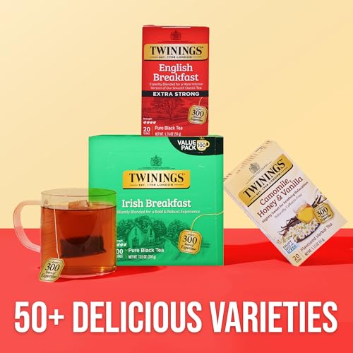 Image of Twinings Extra Strong English Breakfast Black Tea Individually Wrapped Bags, 20 Count (Pack of 3), Robust, Caffeinated, Enjoy Hot or Iced, 20 Teabags