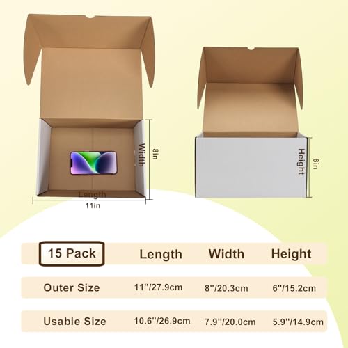 Image of WIFTREY 11x8x6 Shipping Box set of 15, white Corrugated Cardboard Boxes 11 x 8 x 6 for Shipping Small Business, Packaging, Moving, Mailing Supplies