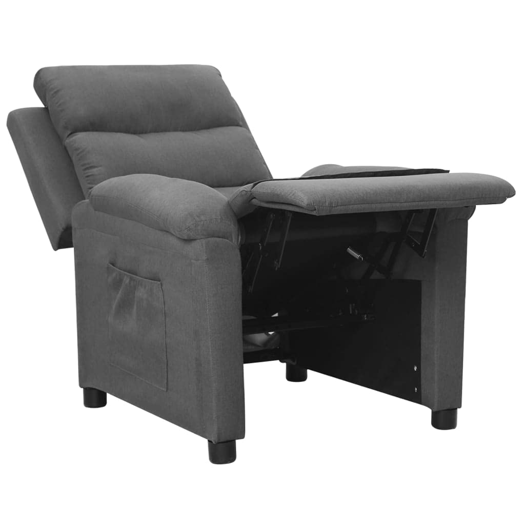 Fotel relaksacyjny, jasnoszary, materiał z ręczną funkcją leżenia, regulowane oparcie i podnóżek, ergonomiczny fotel tapicerowany z drewna i metalu, do salonu, kącika do czytania, biura i