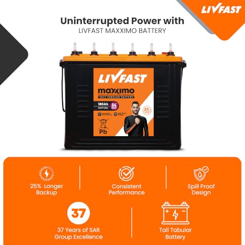 Image of Livfast Maxximo Tall Tubular High-Performance Battery MXTT 2154 | 180 Ah | 54 Months Warranty | Durable Backup Power for Home and Office, Long-Lasting Backup