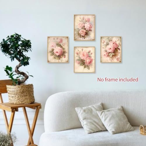 Image of laveliabel Vintage Pink Rose Wall Art Prints Set of 4 Unframed, Floral Wall Decor, Shabby Chic Pink Floral Botanical Poster Prints for Cottagecore Home Room Wall Decor 8x10 Inches