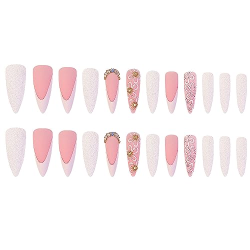 Image of Flower Press on Nails White French Tip Fake Nails Long Stiletto False Nails with Rhinestone Design Nude Glue on Nail Glossy Artificial Acrylic Full Cover Glitter Stick on Nail for Women Manicure
