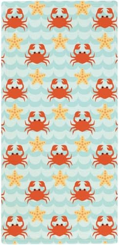 フェイスタオル かに 貝殻柄 ビーチ風 タオル 35X73cm 長め 大判 ハンドタオル サンゴフリース生地 耐久性 ふわふわ ソフト 柔らか肌触り 肌に優しい やわらか 軽い 薄手 吸水速乾 抗菌防臭 家庭用、温泉、砂浜、スポーツなどにも最適 部屋の雰囲