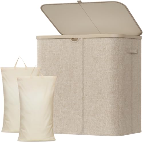 Lifewit Cesto Portabiancheria, Cesta Panni Sporchi con coperchio, Laundry Basket con Plastica Manici, Porta Biancheria Sporca per Bagno, Lavanderia, Camera da Letto, 140 L, Beige