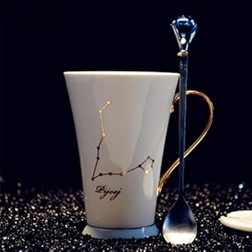 Generic 23: Wourmth 12 Constellations White and Gold Bone Porcelain Coffee Milk Mug with Stainless Steel Spoon Zodiac CER