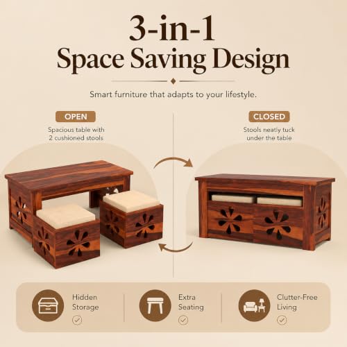Image of Solid Sheesham Wooden Coffee Table with 2 Cushioned Stool|Teapoy Center Piece for Home Sofa Center Table for Living /Drawing Room,Hall|Space Saving Tea Table Set(Honey Finish) Floral Jali