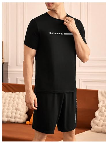 SweatyRocks Men's 2 Piece Pajama Sets Letter Graphic Short Sleeve Top and Shorts Sleepwear Set4