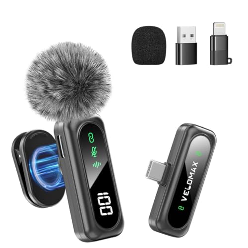 Image of VELOMAX Mic for YouTube Wireless, Noise Reduction Magnetic Clip Wireless Microphone with LED Indicator Light Android Type-C Port (Single Mic for USB-C & Lightning & USB Type-A Port)