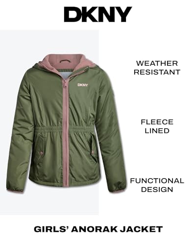 Image of DKNY Girls Fleece Jacket - Polar Fleece Lined Midweight Hooded Anorak Windbreaker - Cozy Outerwear & Winter Jackets for Girls