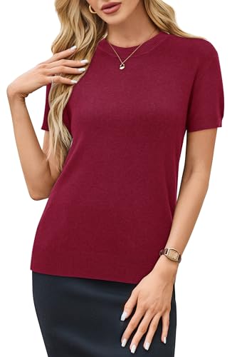 Image of Arach&Cloz Women's Lightweight Wool Blend Short Sleeve Sweater Top Business Casual