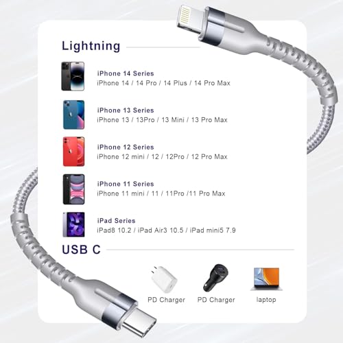 Cable USB C a Lightning trenzado para carga rápida de iPhone pack de 3 de 3 pies 7