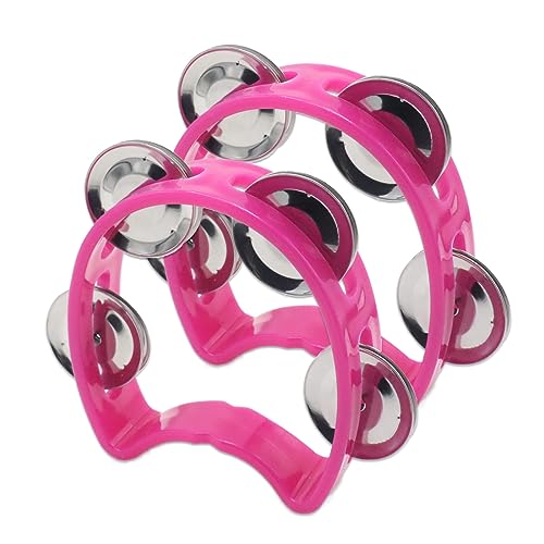 Cheerock 2-Pack Plastic Percussion Handheld Tambourines with 4 Jingle Bells Pink Mini Rhythm Instruments for Practice Rehearsal and Performance