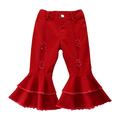 Toddler Girls Ripped Distressed Flared Jeans Kids Solid Color Denim Pants Ruffle Pants Vintage Jeans 1~6 Years (Red, 4-5 Years)