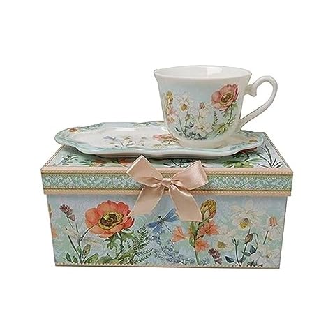 Lightahead® New Bone China Unique Tea Coffee Cup 10 oz and Snack Saucer Set in a Reusable Handmade Gift Box with Ribbon elegant floral design in attractive gift box Cover
