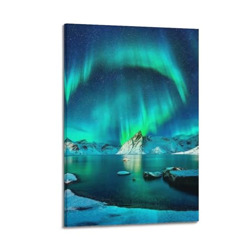 Poster aurore lac de montagne enneigée JIDUHON toile 40x60cm cadre