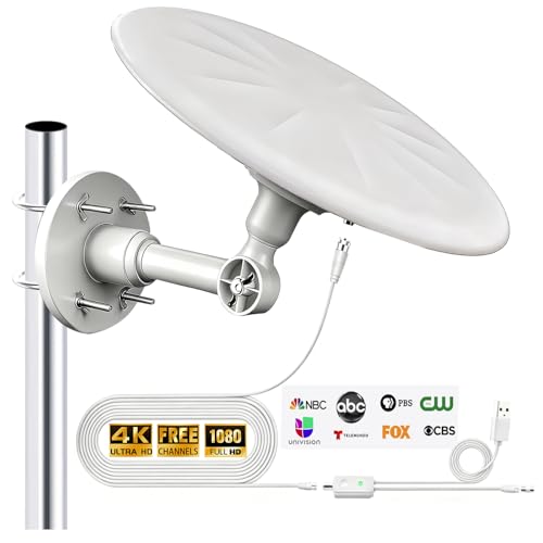 Image of Omni Directional Outdoor TV Antenna for Local Channel Receive, White | 720 Long Range Signal Reception, with Super Signal Booster, 35ft HDTV Cable, for Attic /Camper /RV /Boat