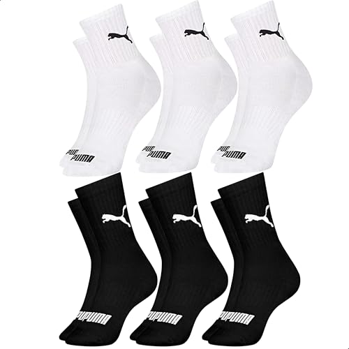 PUMA Kit 6 Pares Meia Cano Médio Esportiva Algodão Sola Atoalhada Costura Fina Masculina Feminina Unissex Adulto, 3 Branco - 3 Preto, G (39-43)