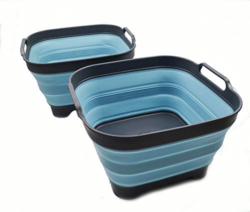Image of SAMMART 10L (2.64 Gallon) Collapsible Dishpan with Draining Plug - Foldable Washing Basin - Portable Dish Washing Tub - Space Saving Kitchen Storage Tray (2, Grey/Sea Angel)