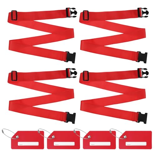 Image of M METERXITY 4-Sets Luggage Straps TSA Approved, Travel Straps for Luggage Suitcase Tags Set, Adjustable Suitcase Belt [Red]