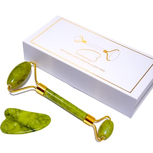 Pocexhh Jade Roller Gua Sha Set for Face, Eyes, Skin Care;BearKig Jade Roller for Face, Anti-Aging Rose Quartz Face Roller for Skin Care; Relieve Fine Lines and Wrinkles(Light green)