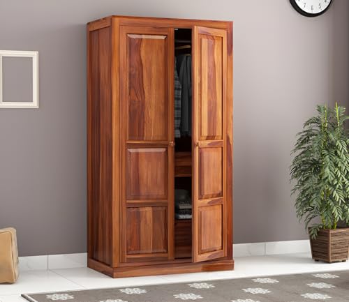 Rajasthali Furniture Woodcrony Wooden Cupboard | Sheesham Wood Two Door almirah for Clothes Organisation | Large Cupboard Storage Cabinet Natural Colour Finish-image-15