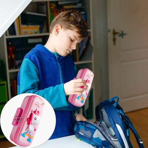 Image of WORSHIPER Plastic Large Capacity with Unicorn Design, Compartment & Zipper Pencil Pouch Combination Lock, Primary School Students Multi-Layer (Unicorn Password Lock Pouch Pink)