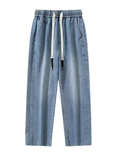Men Wide Leg Jeans Plus Size Solid Color Drawstring Straight Denim Pants Baggy Jeans Trousers