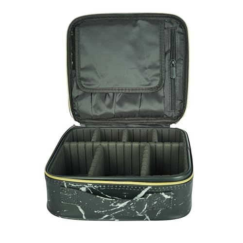Image of Travel-Friendly Cosmetic Makeup Organizer Bag with Adjustable Compartments - Professional Toiletry Vanity Kit | Makeup Kit Storage Box | Cosmetic Bag | Makeup Brush Organizer (Black Marble)