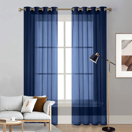 Voilage a oeillets bleu foncé rideau premium effet mousseline de soie 200 x 145 cm