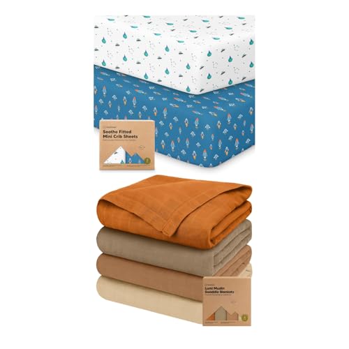 KeaBabies 2-Pack Mini Crib Sheets Fitted and 4-Pack Muslin Swaddle Blankets for Boys, Girls - Pack N Play Mattress Cover for Graco Playard and Baby Swaddle Blanket for Newborn