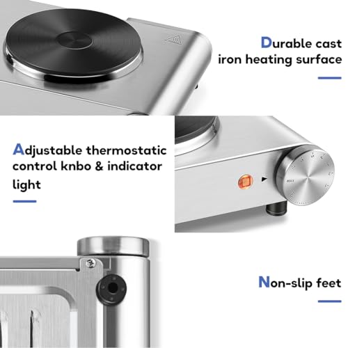 Image of CUSIMAX Electric Hot Plate, 1800W Double Burner, Cast Iron Countertop Cooktop, Hot Plates for Cooking, Portable Countertop Stove, Compatible with all Cookwares, Upgraded Version