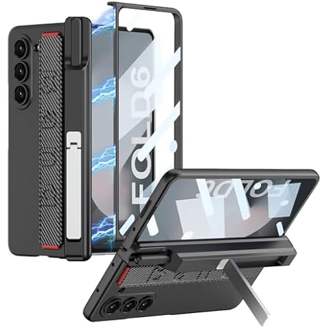 DEMCERT for Samsung Galaxy Z Fold 6 Case with S-Pen Holder [Wrist Band] [Kickstand], Luxury PC Frame Shockproof Cover with Screen Protector (Carbon Fibre with Stand) Cover