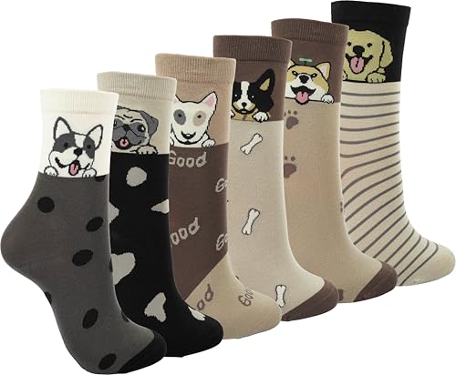 BenSorts Women's Cute Animal Crew Socks Cat Dog 6 Pairs Socks Christmas Gifts for Women Size 5-11