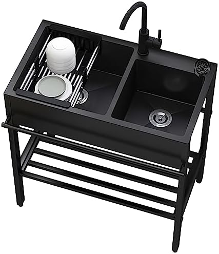Workstation Sink, Black Kitchen Sink,304 Stainless Steel Sink with Drain Strainer and Accessories,Pressurized Cup Washer,Workstation Kitchen Sink with Pull-Out Faucet (Size : 80x45x86cm, Color : Hot