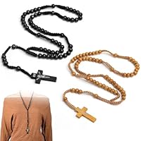 2 Stück Katholisches Kreuz Rosenkranz Halskette, Kreuz Kette Holz,Jesus Kette,Rosary Necklace,Heiliger Benedikt,für katholische Christen Religiöse Kommunion, Taufe, Messe, Bibel(Schwarz, Braun)