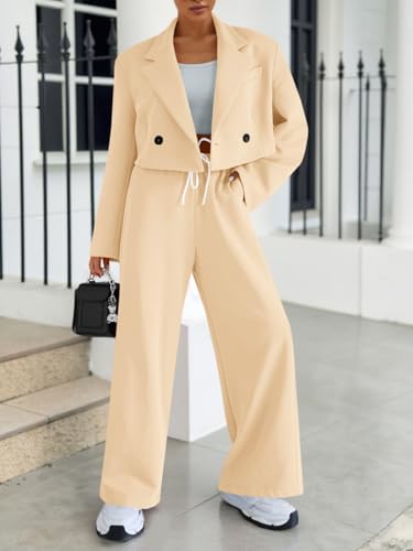 Fisoew Women's 2 Piece Outfits Casual Crop Blazer Jackets Loose Wide Leg Pants Fall Dressy Business Work Suit Sets2