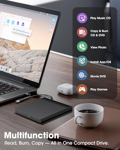 Image of ROOFULL External CD DVD Drive with Extra Power Cable for Laptop, Ultra Slim USB 3.0 Type-C Portable CD DVD Optical Disc Drive Reader Writer Burner Player for PC MacBook Windows 11 /10 /7 Mac Linux OS