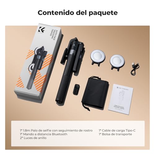 K&F CONCEPT Palo Selfie 180CM, Trípode de Seguimiento AI 360°, Despliegue Automático y Plegado Rápido, 2 Anillos de Luz, Control por Gestos, Control Remoto Bluetooth, 7 en 1 para Video/Vlog/Live - imagen 8