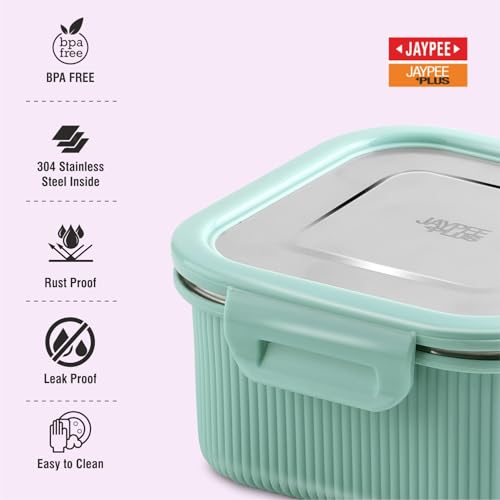 Image of Jaypee Plus Ultima Micro Seal Microwave Safe Air Tight Food Storage Container 800 ml Inner Stainless Steel Rib Design Spillproof Lunch Box for School, Office, Ideal for Snacks and Meal, Green