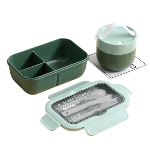 一段式日式弁当箱プラスチック製長方形1〜2人用電子レンジ対応仕切り付きふた付き漏れ防止軽量通学通勤弁当グッズ (2色の緑の3グリッド弁当箱+スープカップ)