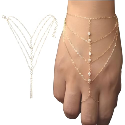 YAZWUR Bracelet de Main en Or avec Anneau - Bijou pour Costume de Voyante Femme - Accessoire Oriental Mille et Une Nuits pour Carnaval, Halloween, Style...