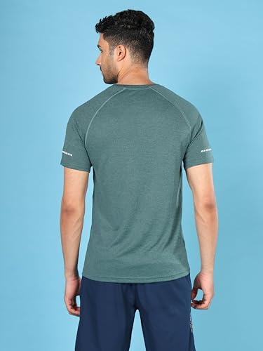 Image of TECHNOSPORT Men's Melange Slim Fit Round Neck T-Shirt Double Cool Raglan Sleeve Slip On Polyester for Gym Running Workout UPF50+ Anti Odour