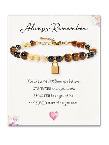 SENLLY Crystal Initial Bracelet, Meaningful Gift for Women Crafted with Natural Stone & Letter Padlock Charm J, Adjustable for Mom Daughter Sister Wife Friend - image 1