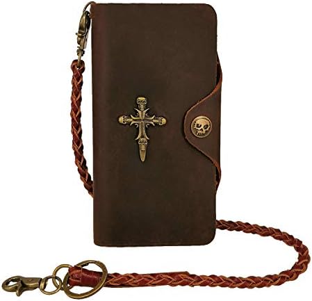 ABC STORY Mens Retro Top Concho Rodeo Long Skull Full Grain Leather Chain Trucker Biker Wallet Brown