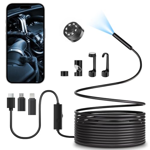 Endoscope Camera with Light, 1920P HD borescope Camera,IP67 Waterproof Snake,16.4ft Semi-Rigid Inspection Tool with 8 LED Lights, Borescope for iPhone/Android (Micro-USB/Type-C/Lightning)