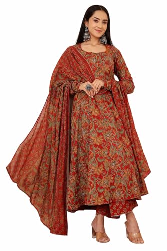 Image of Womens Kurta Anarkali Suit with Dupatta Ethinic Traditional Floral Long Sleeve Dress Set, Printed Kurta Palazzo With Dupatta