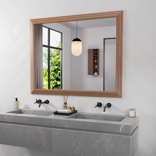 Amorho 40X32 Inch Bathroom Mirror for Wall, Walnut Wood Grain Metal Framed Mirror, Anti-Rust, Hang Horizontally/Vertically, Suitable for Vanity, Bedroom, Farmhouse, Bathroom